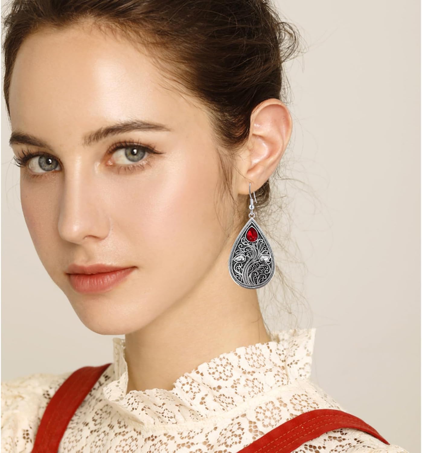 Bohemian Vintage Silver Geometry Teardrop Carving Dangle Drop Earrings Tribal Sparkly Crystal Flower Hook Earrings for Women - Image 4