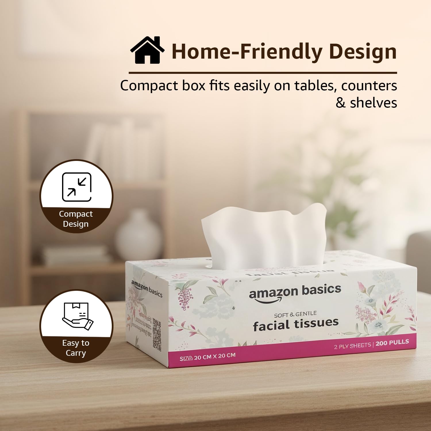 Amazon Basics 2 Ply Facial Tissue Box | 1200 Pulls | 200 Pulls X Pack of 6 | Home | Soft & Highly Absorbent Tissues 4