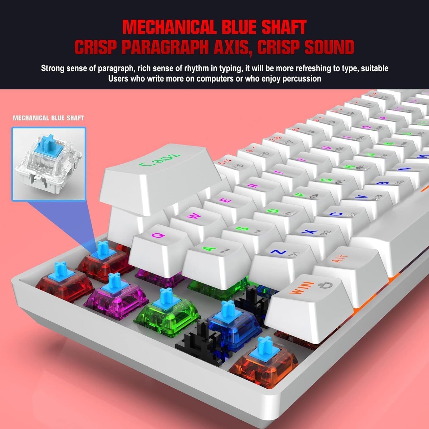 Close-up of a blue mechanical switch on the HXSJ L800 keyboard