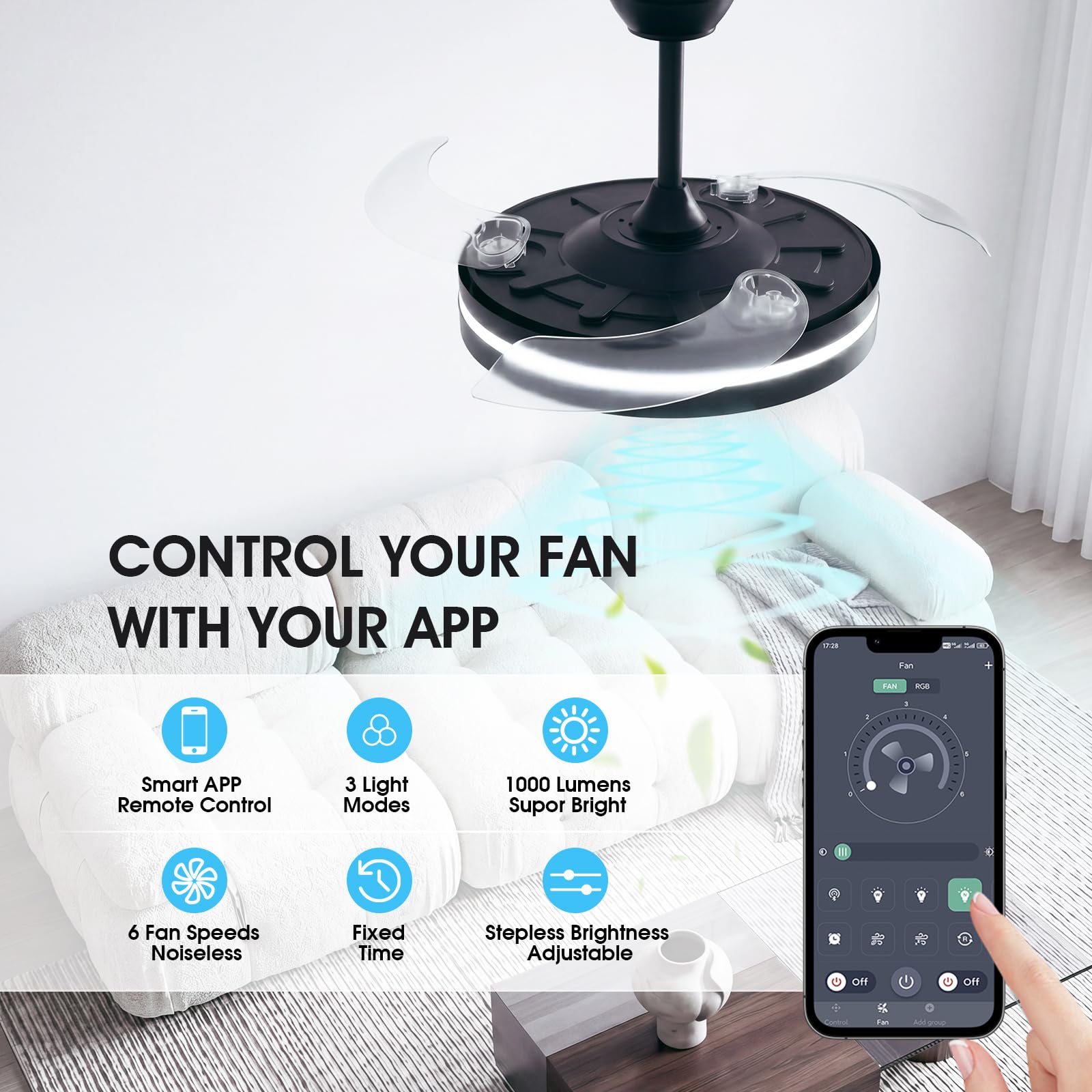 NIORSUN Deckenleuchte mit Ventilator, Deckenventilator mit Beleuchtung, App und Fernbedienung,Schwarz