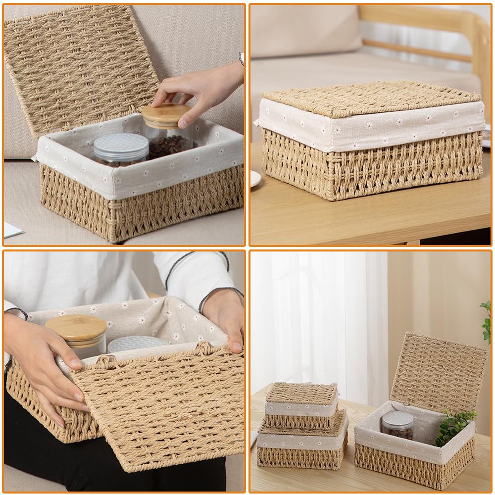 3 pezzi cesto con coperchio, 3 dimensioni cesto di stoccaggio intrecciato, cesto intrecciato da corda di carta, stoccaggio con rivestimento per bagno, trucco, piani di tavolo, armadio
