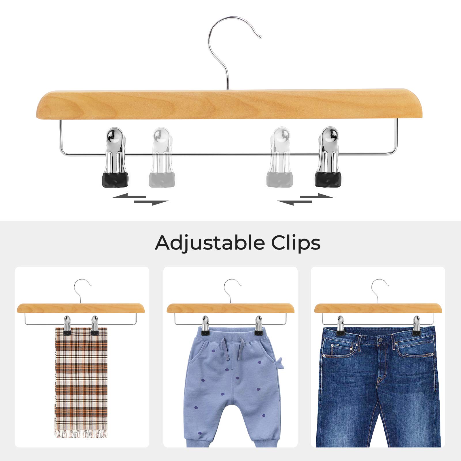 SONGMICS Hosenbügel aus Holz, 8 Stück, Hosenbügel mit verstellbaren rostfreien Metall-Clips, 360° drehbarer Haken, Rockbügel für Hosen, Röcke, natürliche Maserung UCRW008-8 | Kleiderbügel für Hosen, Jeans und Röcke, mit verstellbaren rostfreien Metall-Cli