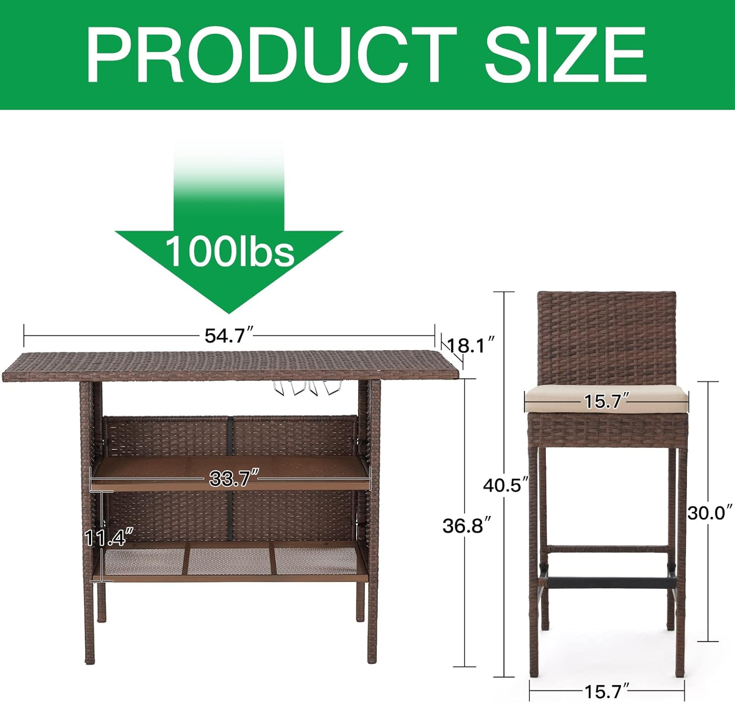 ECOTOUGE 5PCS Patio Bar Set with Wicker Bar Chairs & Outdoor Bar Table(2 Steel Shelves & Wine Rack), Rattan Bar Height Patio Set with Removable Cushion for Lawn, Porches,Balcony (Brown)