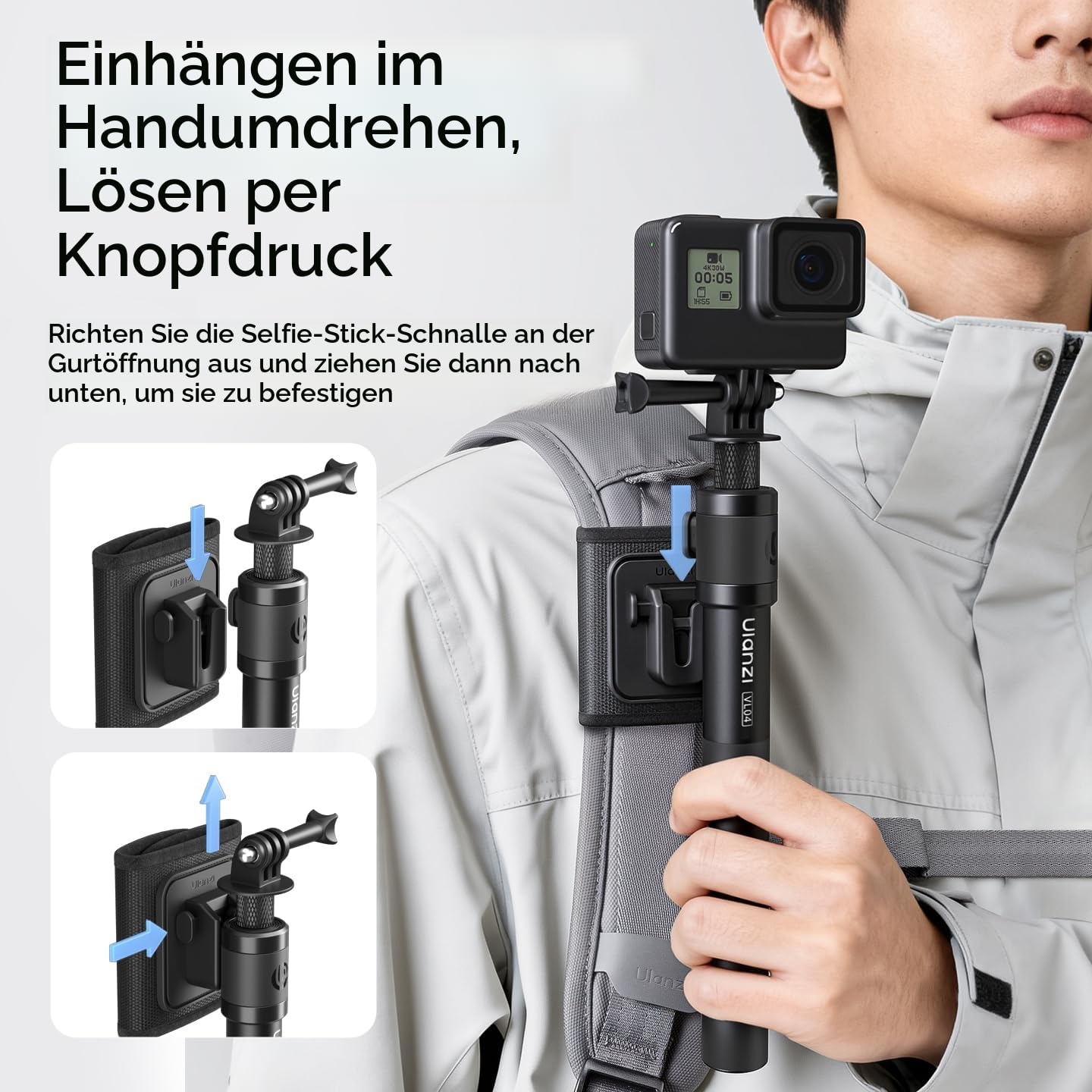 Ulanzi VL04 Selfie Stick für Insta360 x5/4/3, für DJI Pocket 3/Osmo Action 5/4/3 mit Klettverschluss-Schultergurt, ausziehbarer Einbeinstativstab für GoPro Action Kamera, handlicher Reisestab