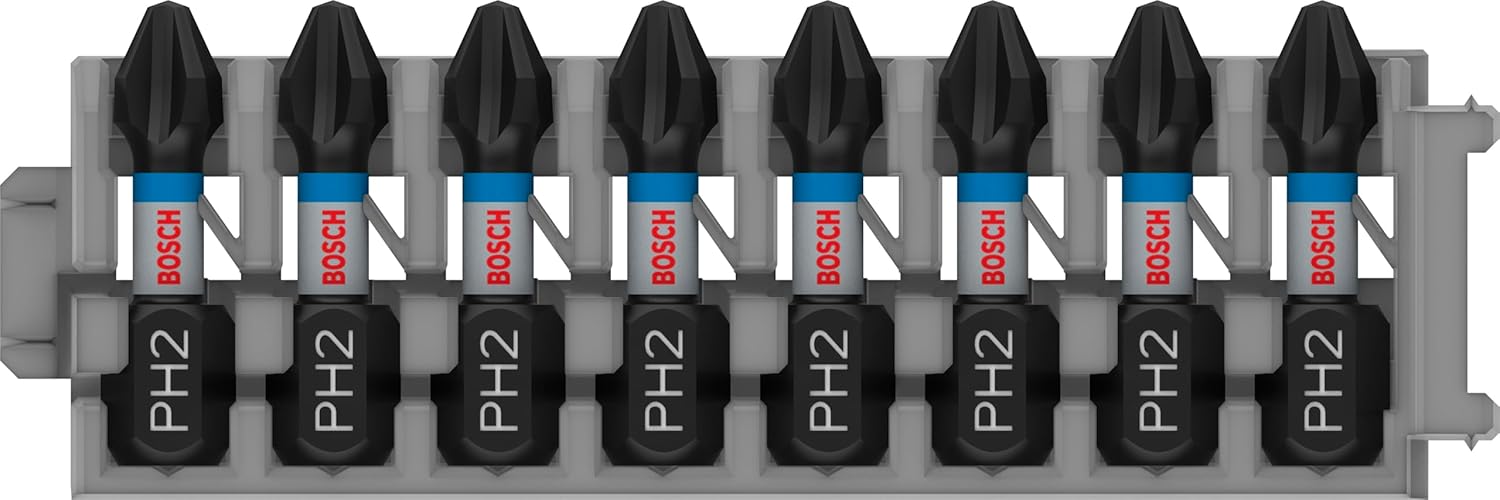 Bosch 2608522324 Screwdriver Bit Set, 8 Pieces, Hex Shaft 0.25 inches (6.35 mm), Groove Shank 0.4 inches (9 mm), PH2 x 25 mm)