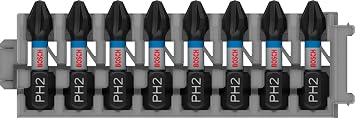 Bosch 2608522324 Screwdriver Bit Set 8 Pieces, Hex Shaft 0.3 in 6.35 mm, Groove Shank 0.4 in 9 mm, PH2 1 in 25 mm