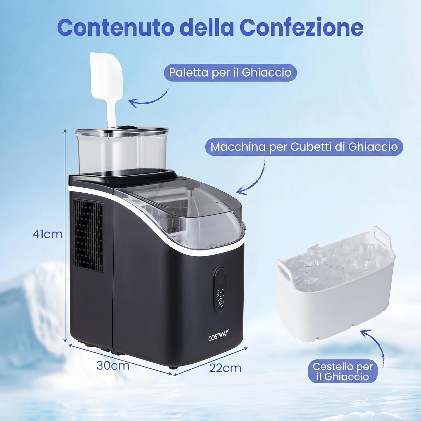 COSTWAY Macchina Ghiaccio, 15 kg/24 H, Ice Maker da Tavolo (Nero) | Silenzioso per Cubetti di Ghiaccio, con 13 Spessori, Autopulizia, Display, Timer, Serbatoio Esterno, Compatto per Casa