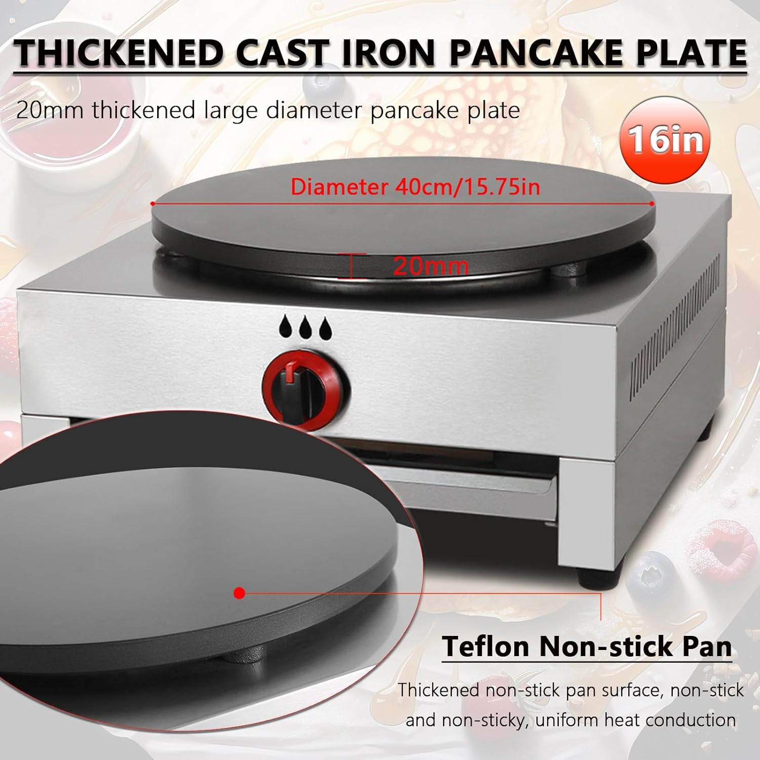 Crepe Pan and Baking Pan, 16 Inch Pancake Maker with Adjustable Temperature Settings, Non-Stick Pancake Pan for Roti Pancakes, Tortilla