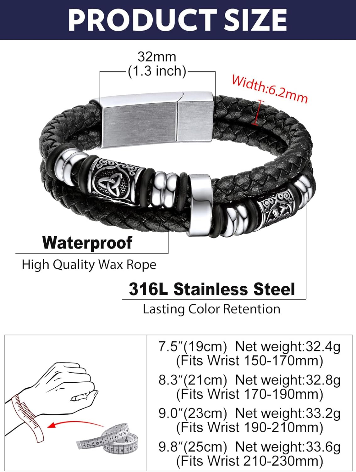 Bandmax Mens Black Double Wax Rope Cuff Bracelets Waterproof Stainless Steel Norse Style Celtic Knot Beads Bracelet Wristband Gift for Men - Image 8