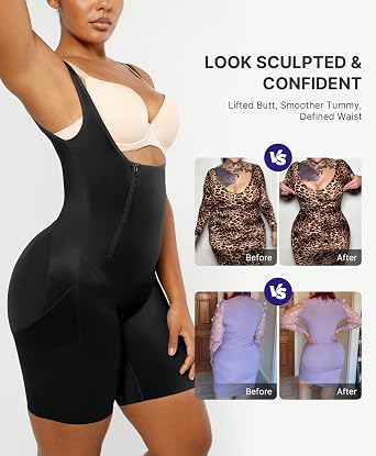 SHAPELLX Tummy Control Butt Lifting Shapewear Bodysuit Open Bust Fajas | Back Smoothing, side zipper & hook closure, adjustable straps, pairs with any bra, buttery soft, handy zippered crotch