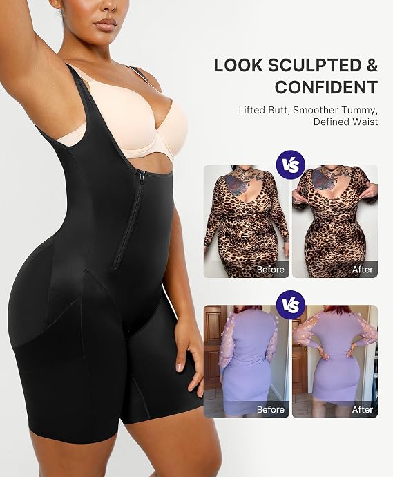 SHAPELLX Tummy Control Butt Lifting Shapewear Bodysuit Open Bust Fajas | Back Smoothing, side zipper & hook closure, adjustable straps, pairs with any bra, buttery soft, handy zippered crotch