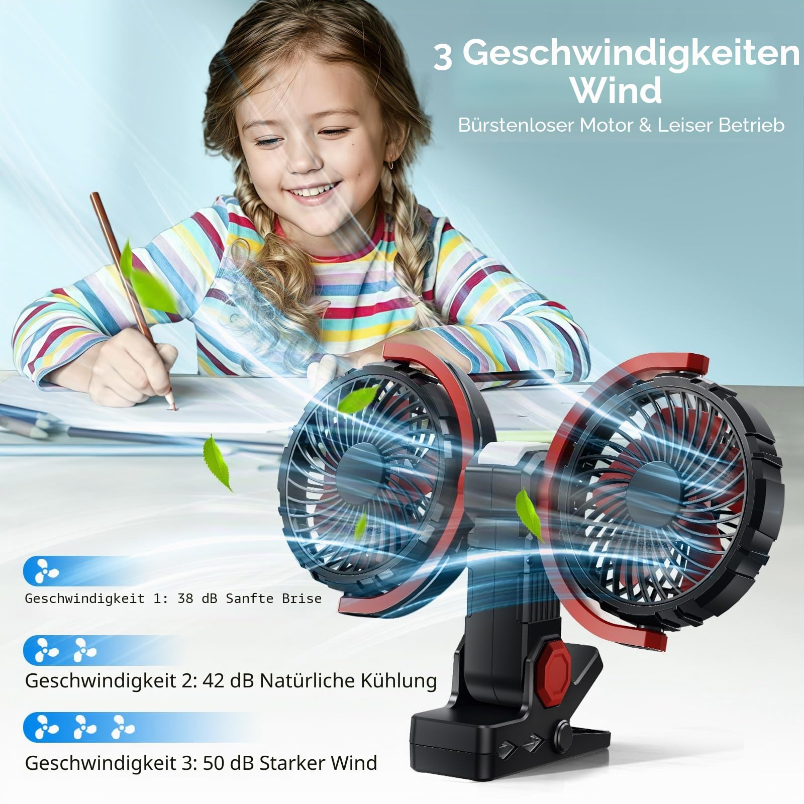 Clip Ventilator Akku mit Licht, USB C Aufladbar Leise Fan Doppelkopf Wandventilator,Stark Lufter Klemmbar für Büro, Bett,Schlafzimmer, Auto, Wohnmobil(Tiefschwarz)