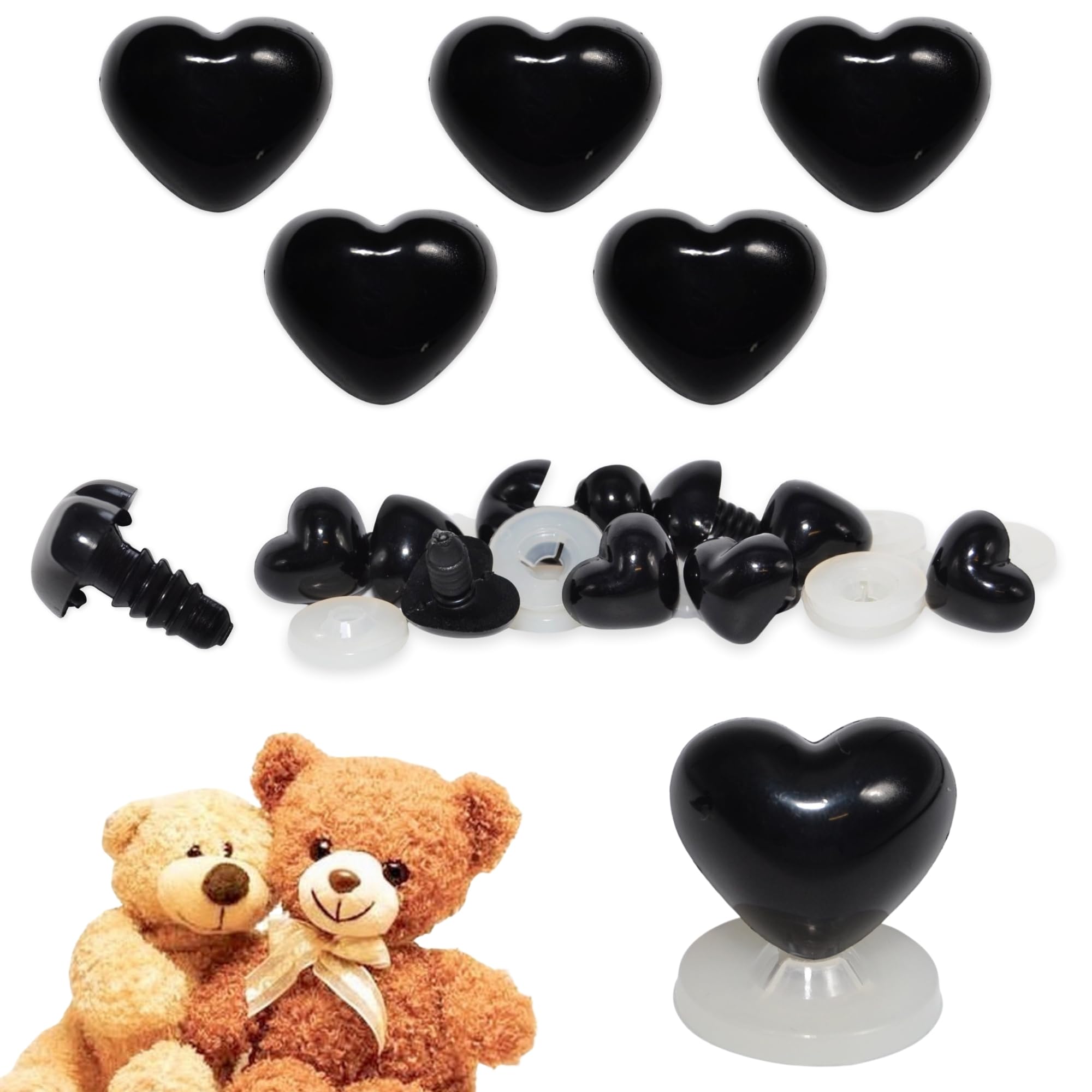 celloexpress 21mm x 18mm Black Heart Noses with Plastic Backs - Safety Noses for Soft Toy Teddy Bear Animal Making (Pack of 5)