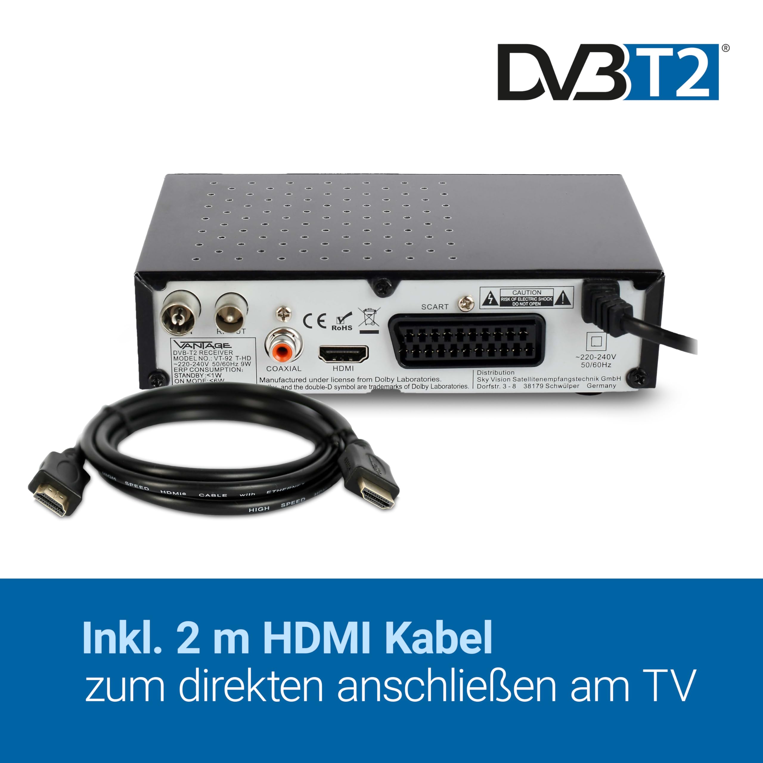 Sky Vision VT-92 DVB-T/T2 Reciever, Empfang Aller freien SD und HD DVB-T2 Sender, Digital, Full-HD 1080p, HDMI, SCART, Mediaplayer, USB 2.0, 2m HDMI Kabel, aktive DVB-T2 Zimmerantenne, Schwarz