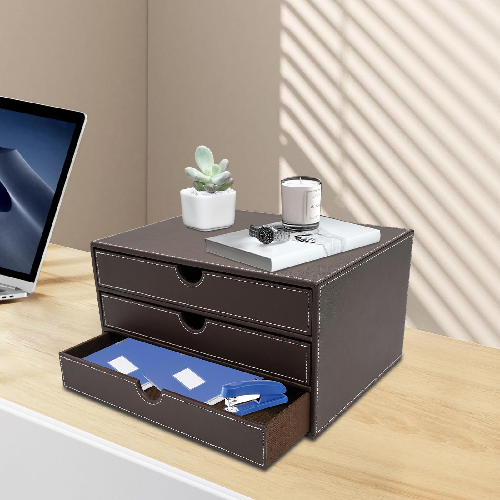 Bandeja para archivos de 3 niveles de piel sintética con cajones, elegante organizador de oficina en café, alta capacidad de carga 20 kg, para documentos y carpetas en la oficina en casa y oficina, 33