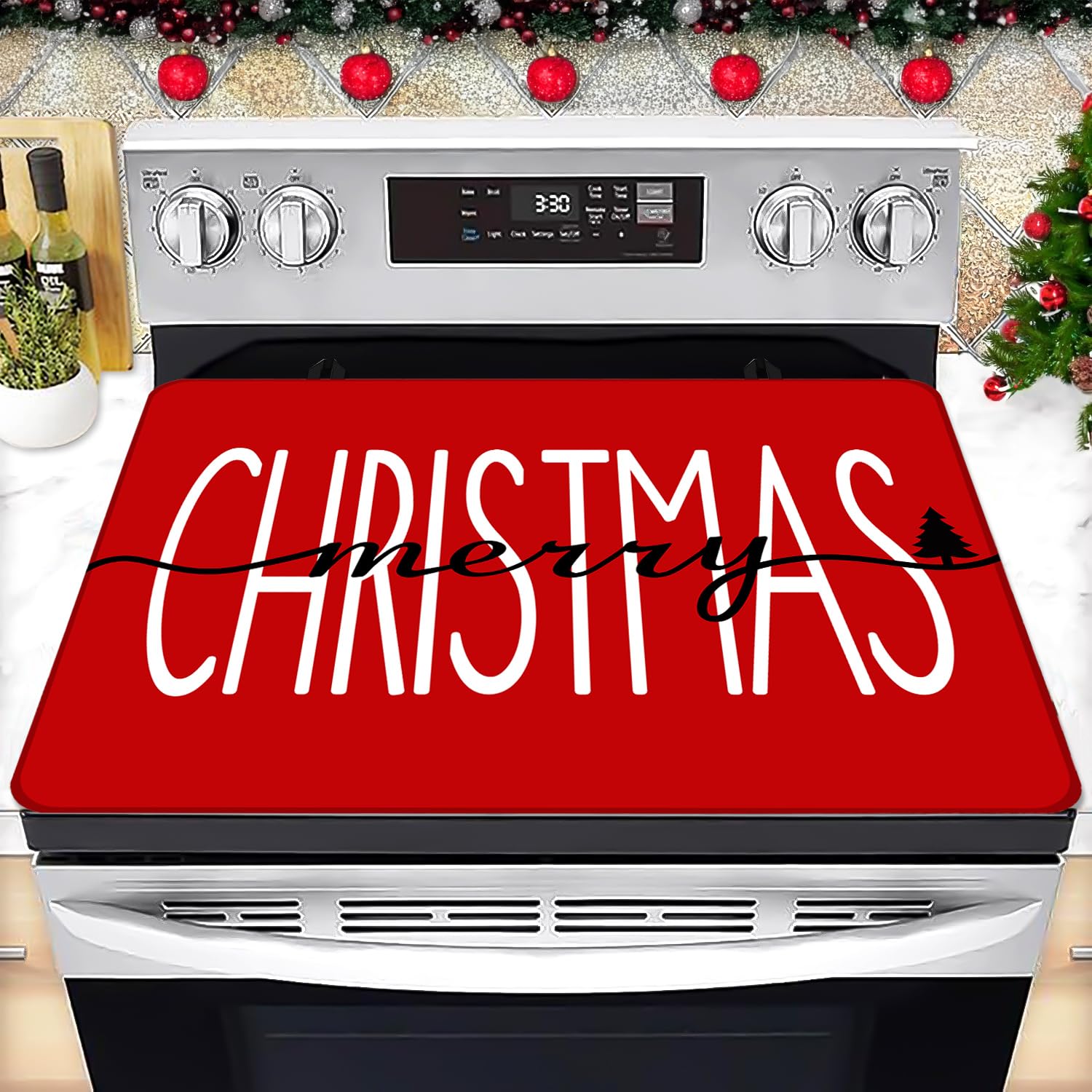 Happy Christmas Stove Top Cover for Electric Stove 28 "x 20 ", Xmas Heat Resistant Glass Top Stove Cover Protector, Glass Cooktop Covers, Kitchen Flat Electric Stove Top Covers
