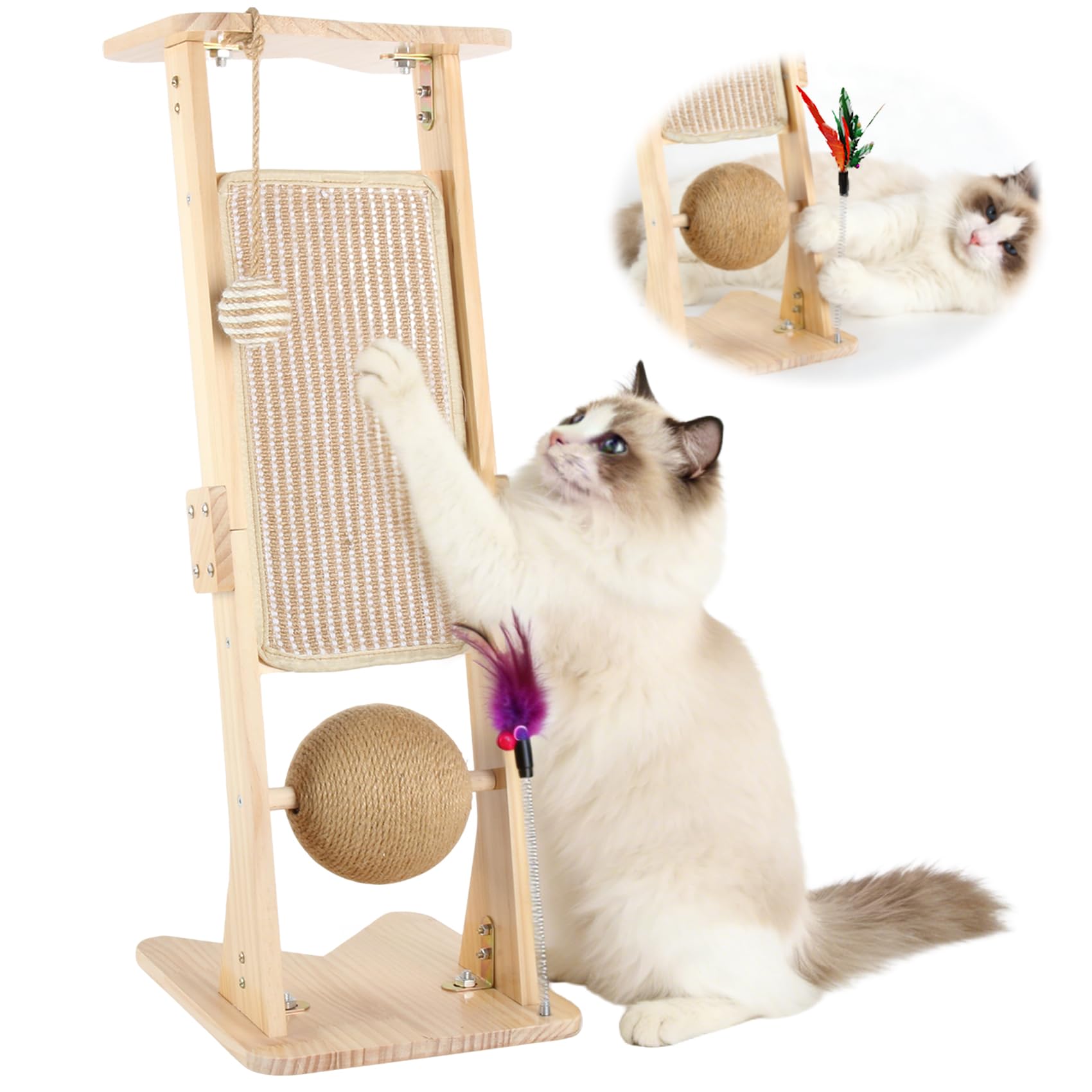 Kratzbrett Katzen, L-förmiger Sisal Kratzsäule, 70 cm Hohe Natürliche Sisal-Kratzsäule mit Ball für alle Katzen Spielen, Entspannen, Kratzbrett Katze aus Massivholz für Schutz von Möbeln und Sofas