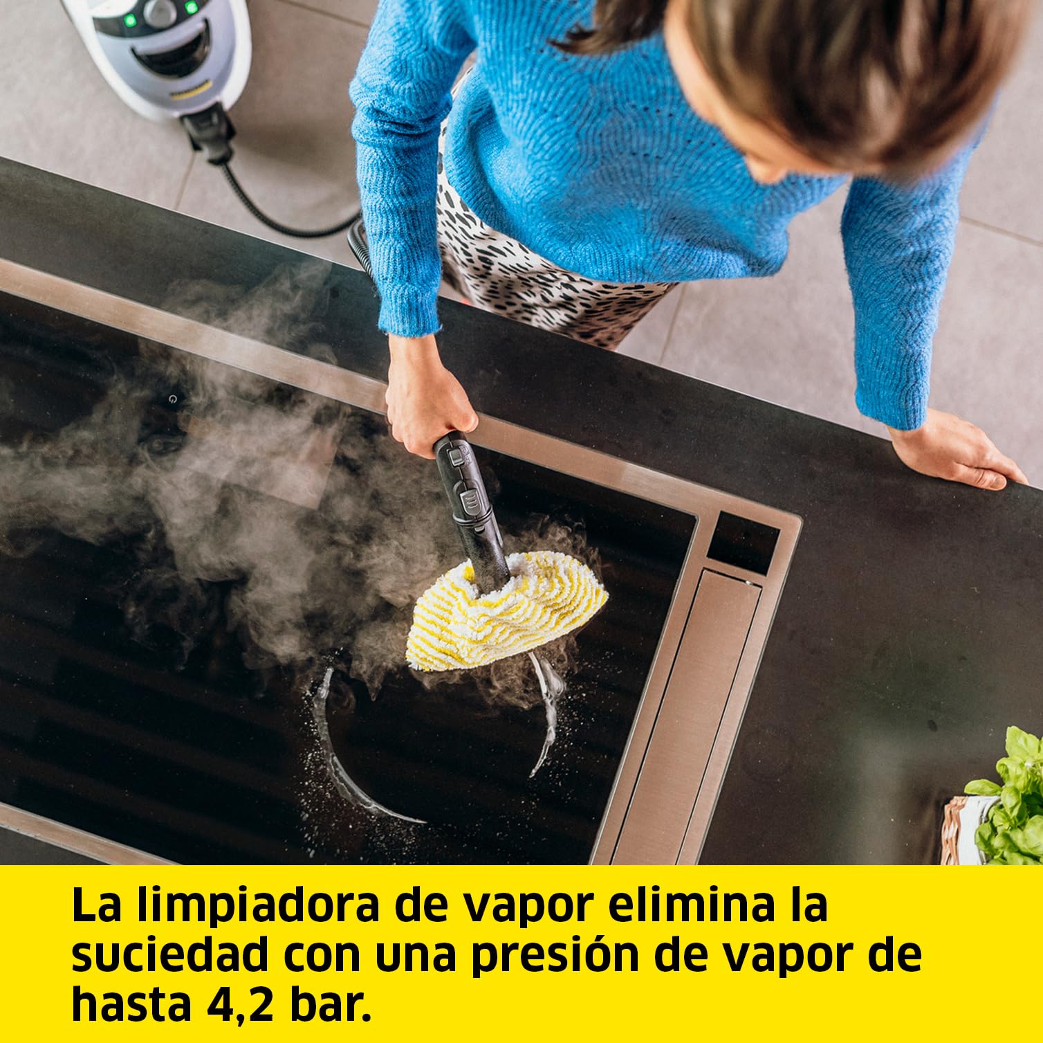 Kärcher Limpiadora de vapor manual SC 5 EasyFix Iron, conexión agua caliente, 4,2 bar, calentamiento: 3min., superficie: aprox. 150m², depósito: 0,5 l+1,5 l, kit limpieza suelos, plancha vapor presión