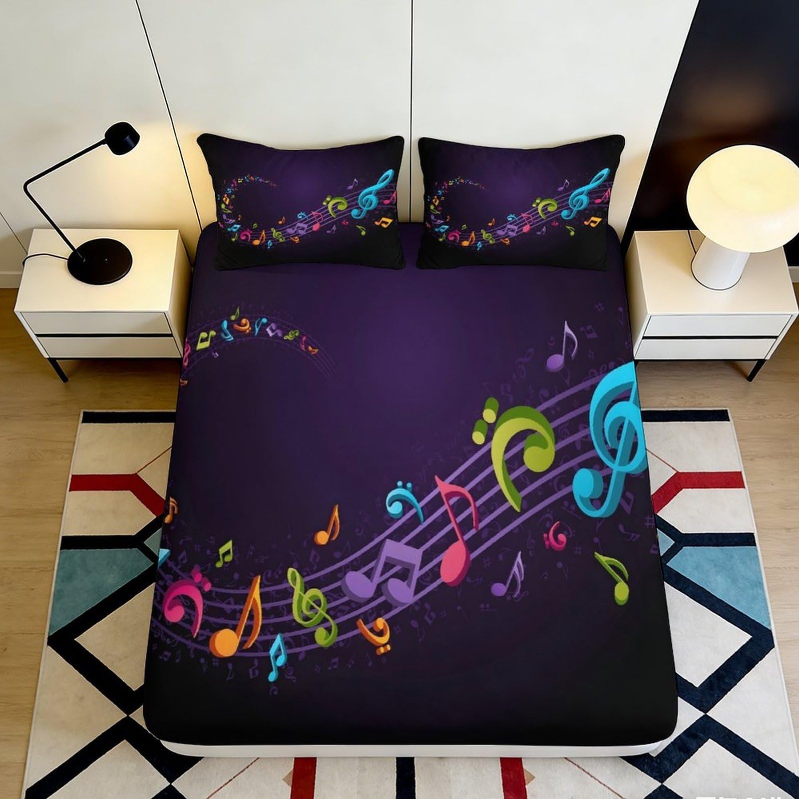 Pnayamiorkfel Style-8 3D Printed Colorful Music Notes Fitted Sheet Microfiber Soft Breathable Rainbow Melody Bed Cover For Bedroom Dorm Decor 90X200x25cm