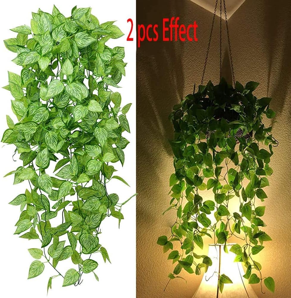 Artificial Hanging Plants 2pcs Fake Hanging Plant Artificial Faux Plant Outdoor UV Resistant Plastic Plants (Green) - Image 4