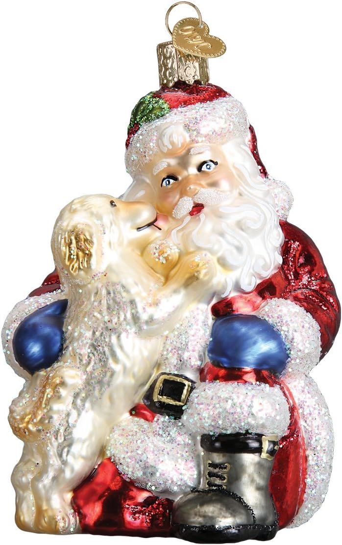 Old World Christmas Santa's Puppy Love Glass Blown Ornament for Christmas Tree, Handcrafted Holiday Decoration, Santa Collection