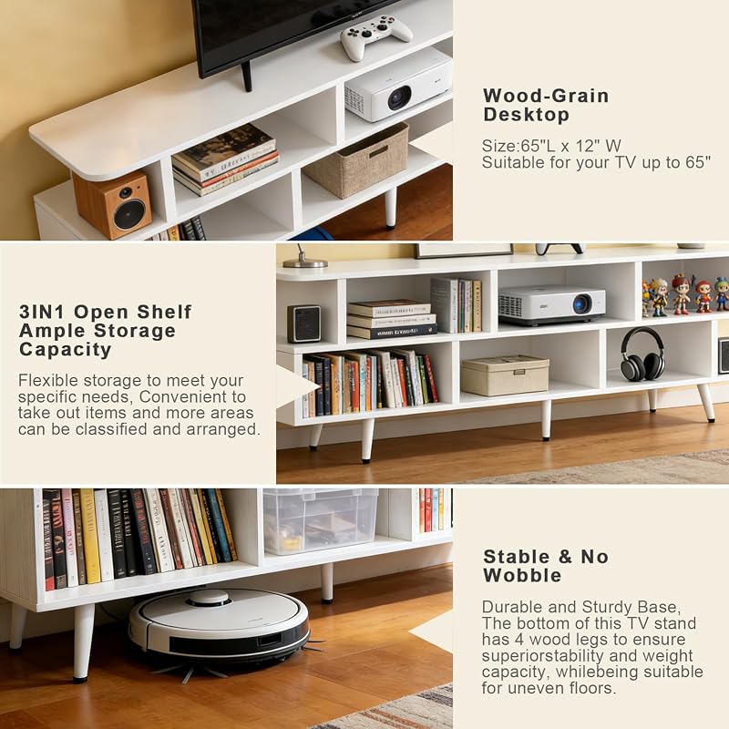 Lightdot 65" White TV Stand for 75" with Shelf, Modern Entertainment Center image 5