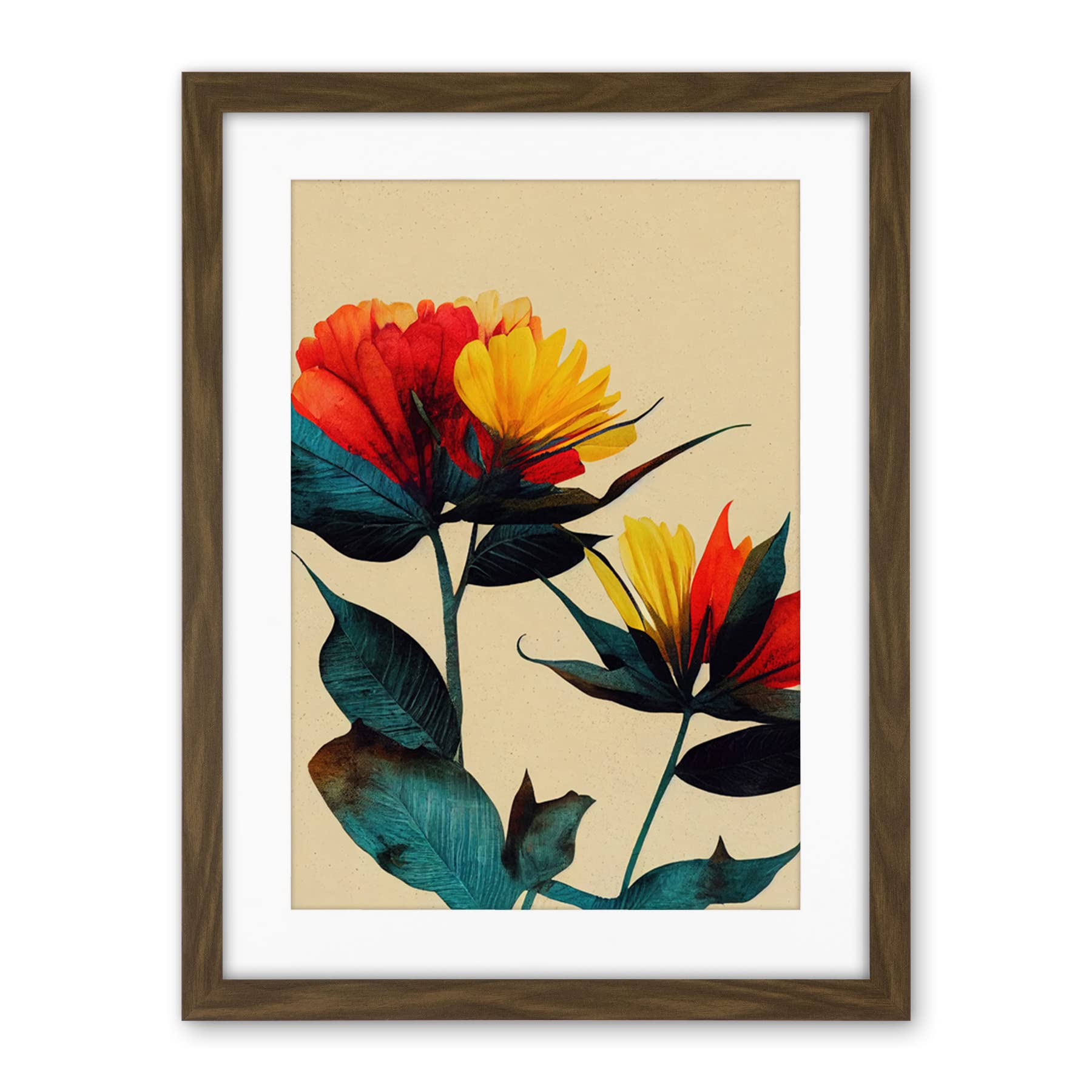 Wee Blue Coo Botanical Bold Flowering Yellow Red Teal Artwork Framed Wall Art Print 18X24 Inch