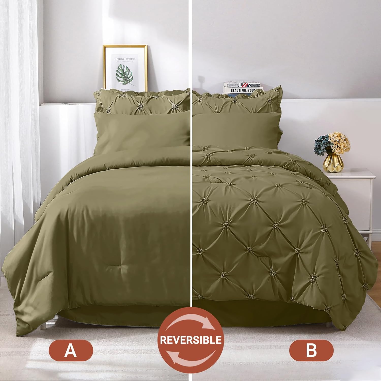JOLLYVOGUE Olive Green Queen Size Comforter Sets 7 Pieces, Pintuck Bed in a Bag Comforter Set for Bedroom, Bedding Comforter Sets with Comforter, Sheets, Ruffled Shams & Pillowcases