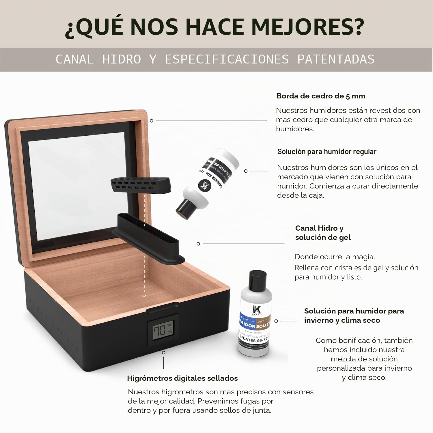 CASE ELEGANCE Humidor MAG, parte superior de vidrio con sello magnético, almacenamiento para 20-30 cigarros, negro mate con herrajes negros pulidos personalizados, higrómetro digital, negro