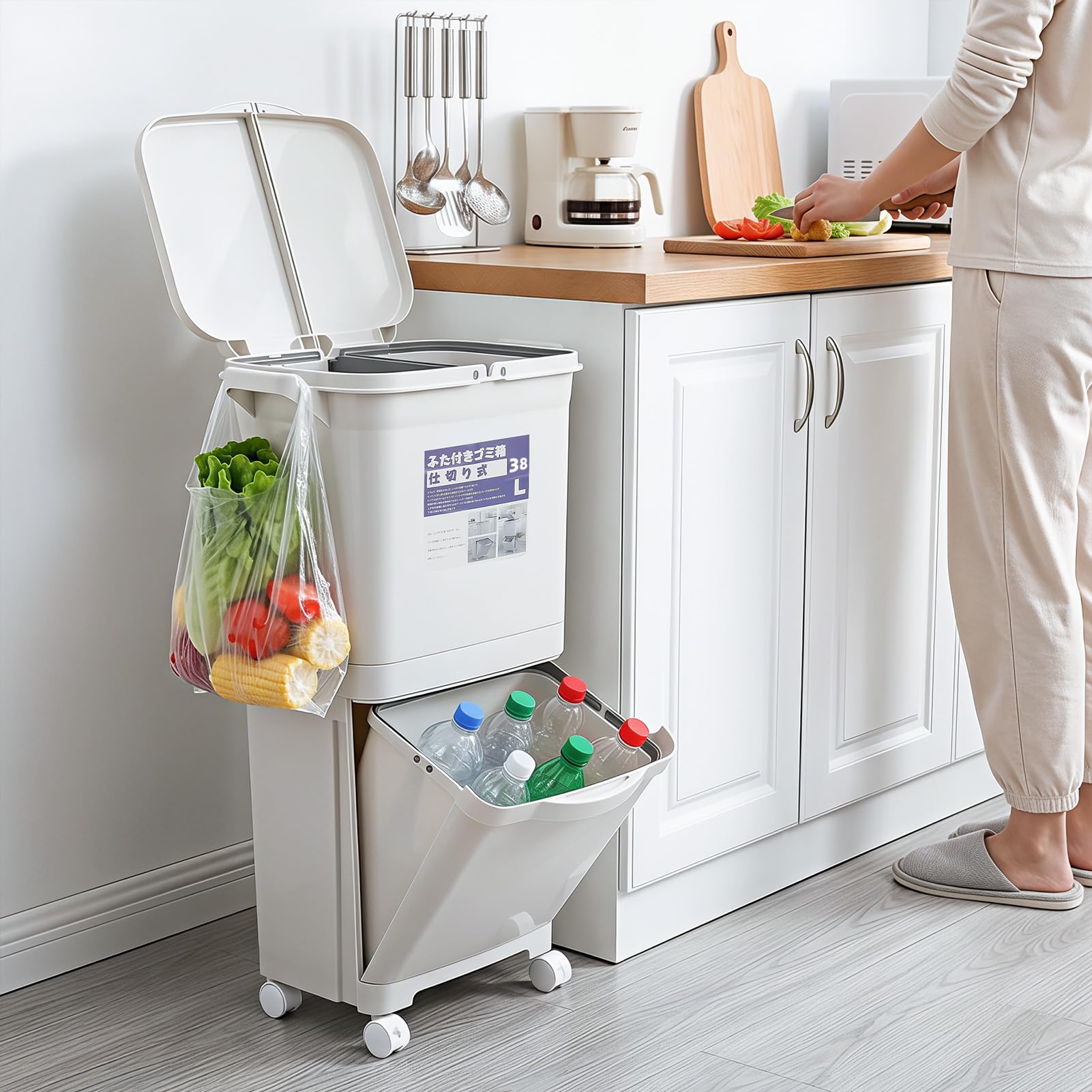 Warmiehomy 38L Recycling Bins for Kitchen Double Compartment