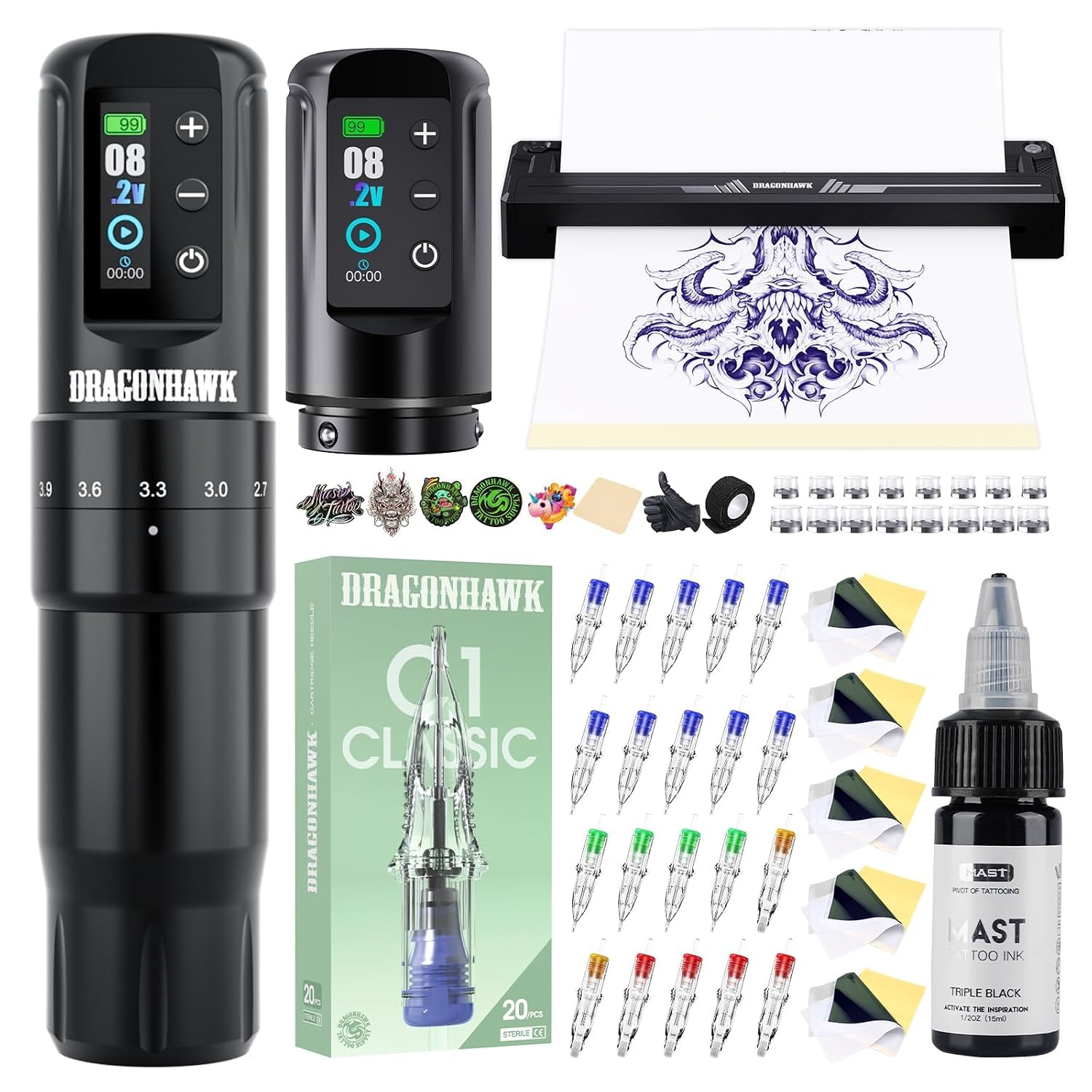 Dragonhawk Atom2 Pro Kabelloses Tattoo Maschine Set Mit Stencil Drucker