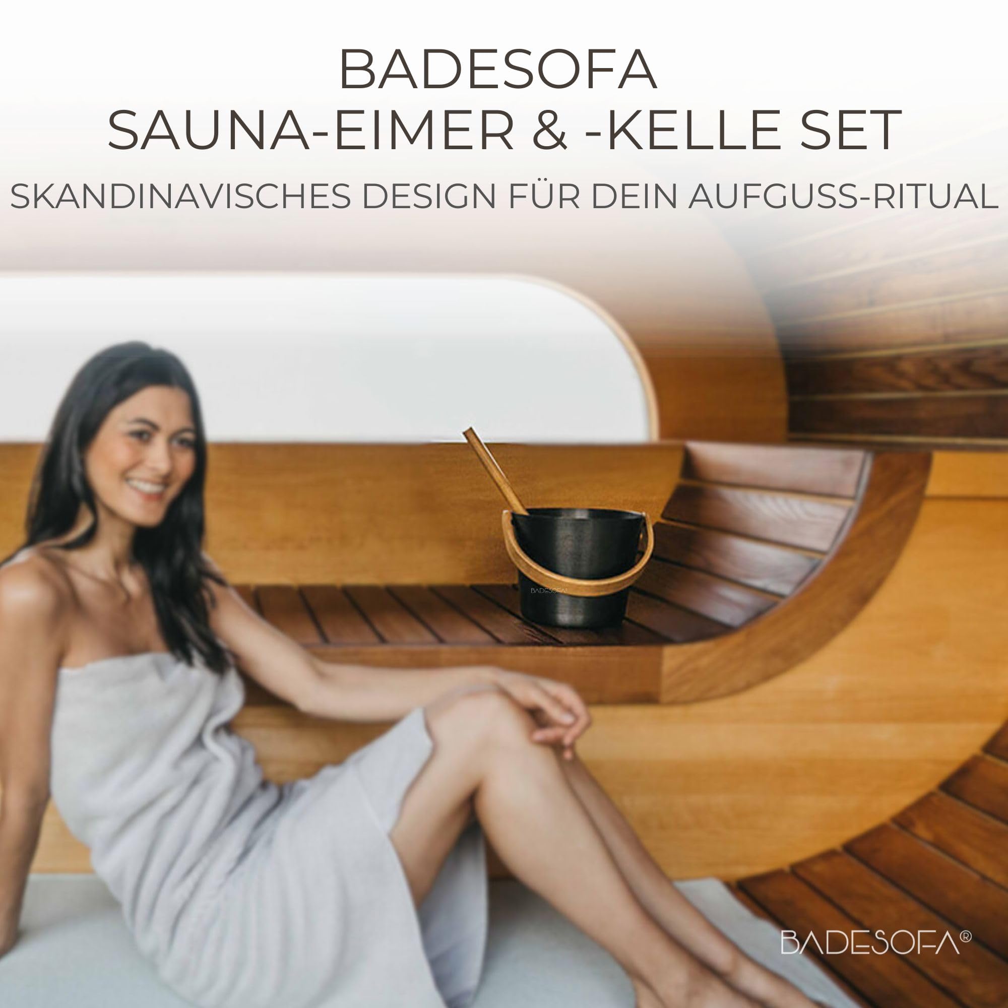 BADESOFA Sauna-Eimer mit Kelle Set – Saunakübel 5 L Aluminium Schwarz mit Bambusgriff – Skandinavisches Design, Sauna Zubehör & Aufguss Set für Sauna & Outdoor-Sauna