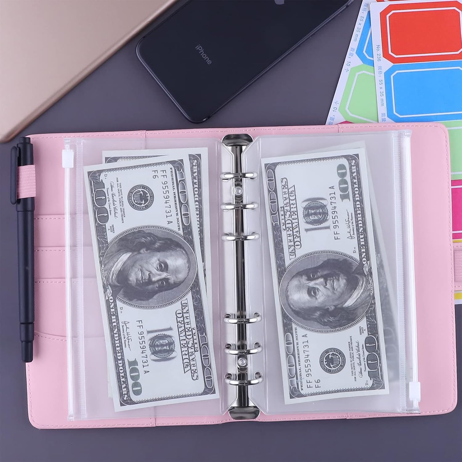 12 Pieces A6 Binder Pockets with A6 PU Leather Binder Cover 6-Ring Budget Binder with Cash Envelopes, Budget Envelopes System, Money Saving Binder - Pink 2
