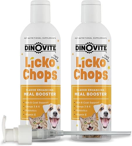 Dinovite Lickochops - Suplemento para perros y gatos mejorado con omega-6, 3 ácidos grasos, probióticos y vitamina E, 16 onzas con bomba