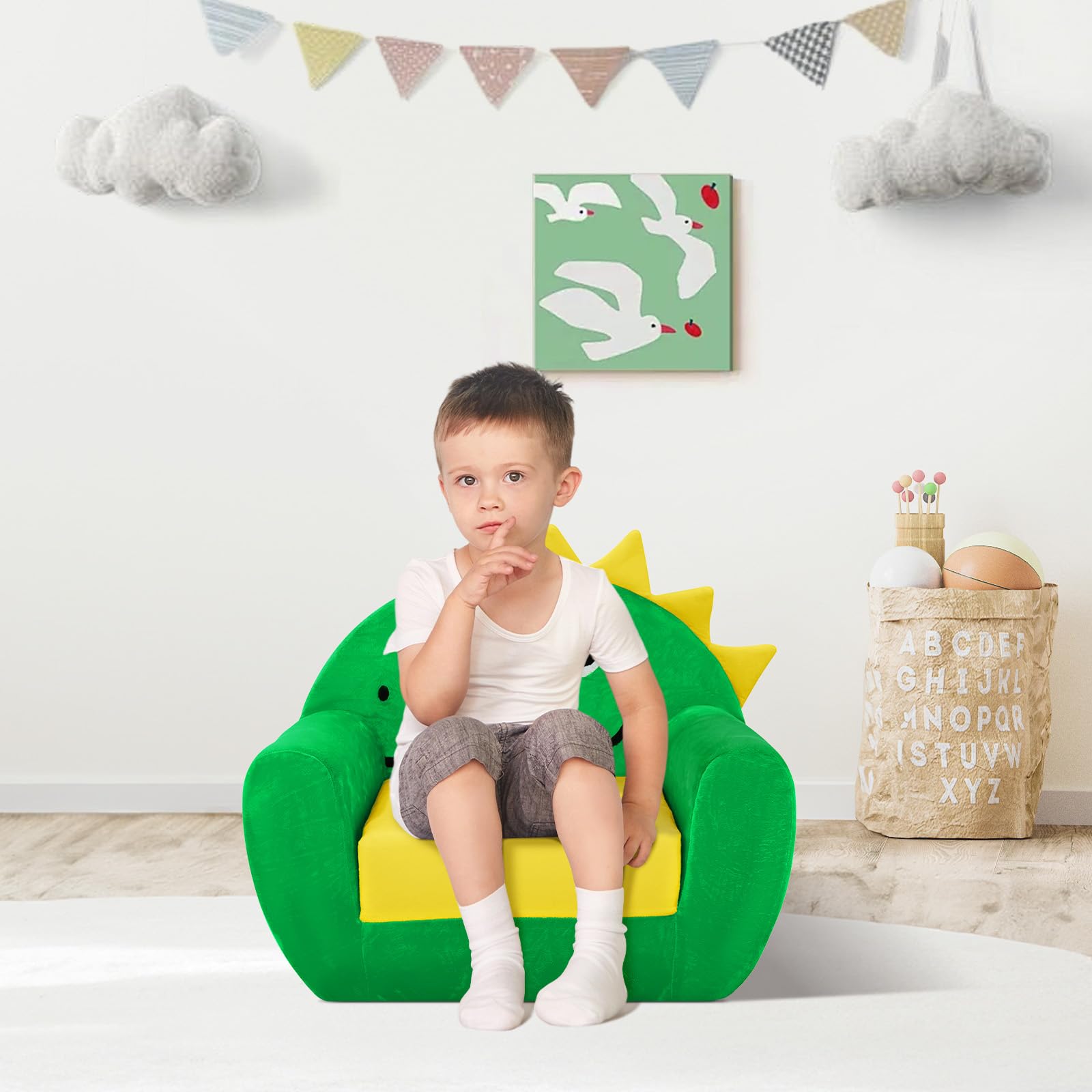Poltroncina per Bambini 2-in-1,Cartoon Comodi Sedia Bambini,Morbido Letto Bambina per Soggiorno, Sala Giochi,Dinosauro Verde