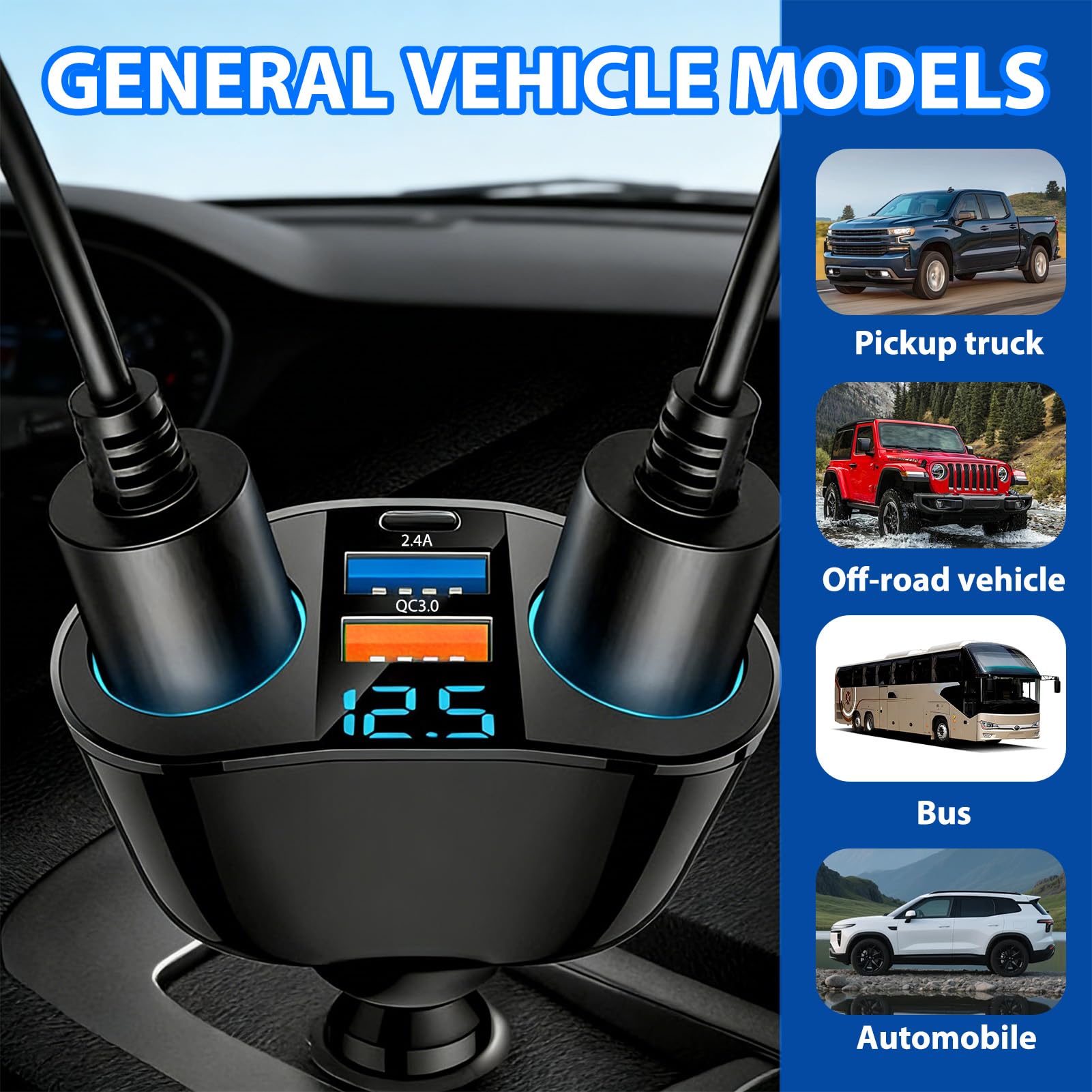 120W Car Cigarette Lighter Adapter, Dual USB QC3.0 & PD 12V/24V Multi Socket Car USB Charger Splitter Double Cigarette Lighter with LED Voltmeter Fast Charging for Phones GPS Dashcam Vehicle Devices - 5
