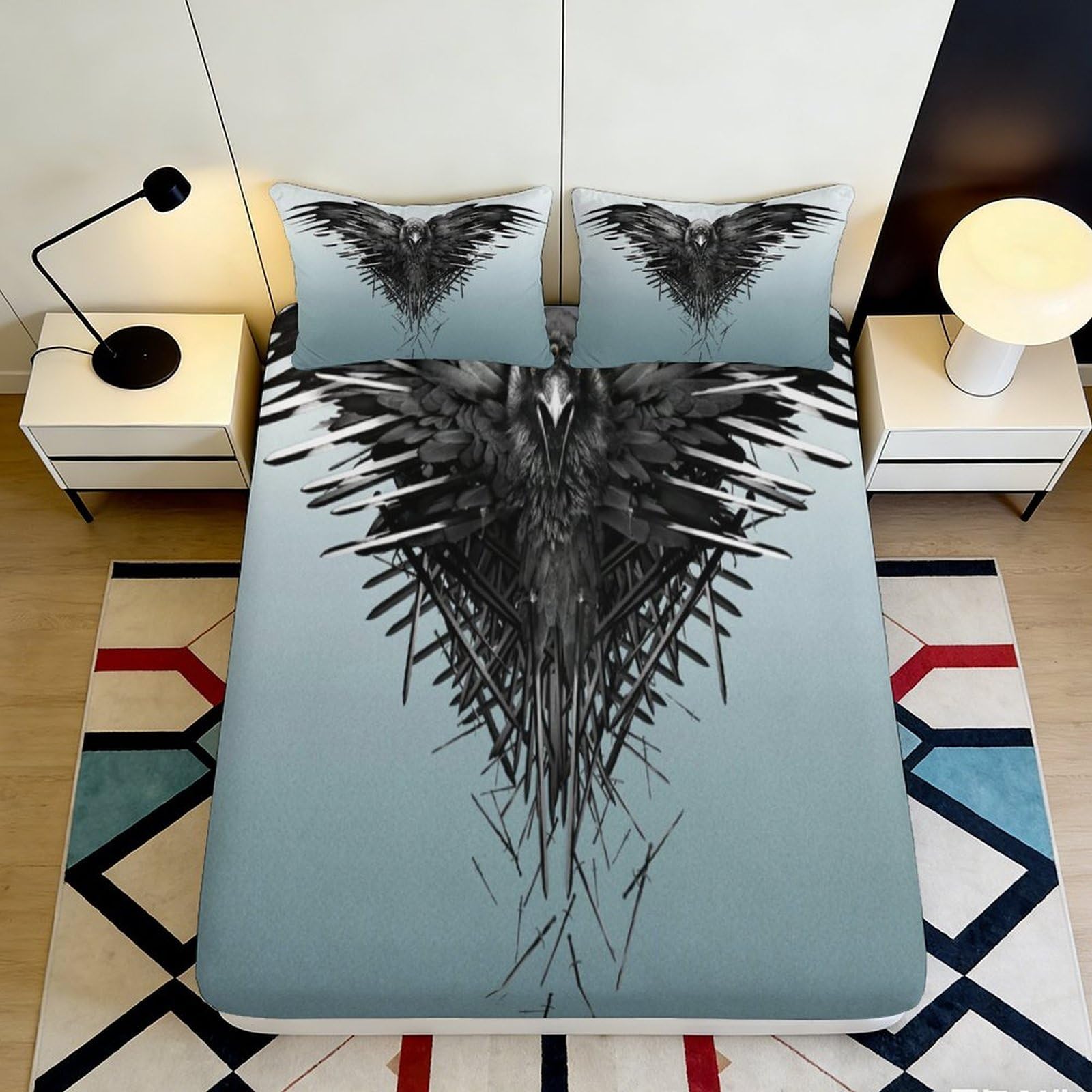 3D Printed Raven Iron Throne Fitted Sheet Microfiber Soft Breathable Gothic Crow Bed Cover for Bedroom Guest Room Decor 90x200x25cm