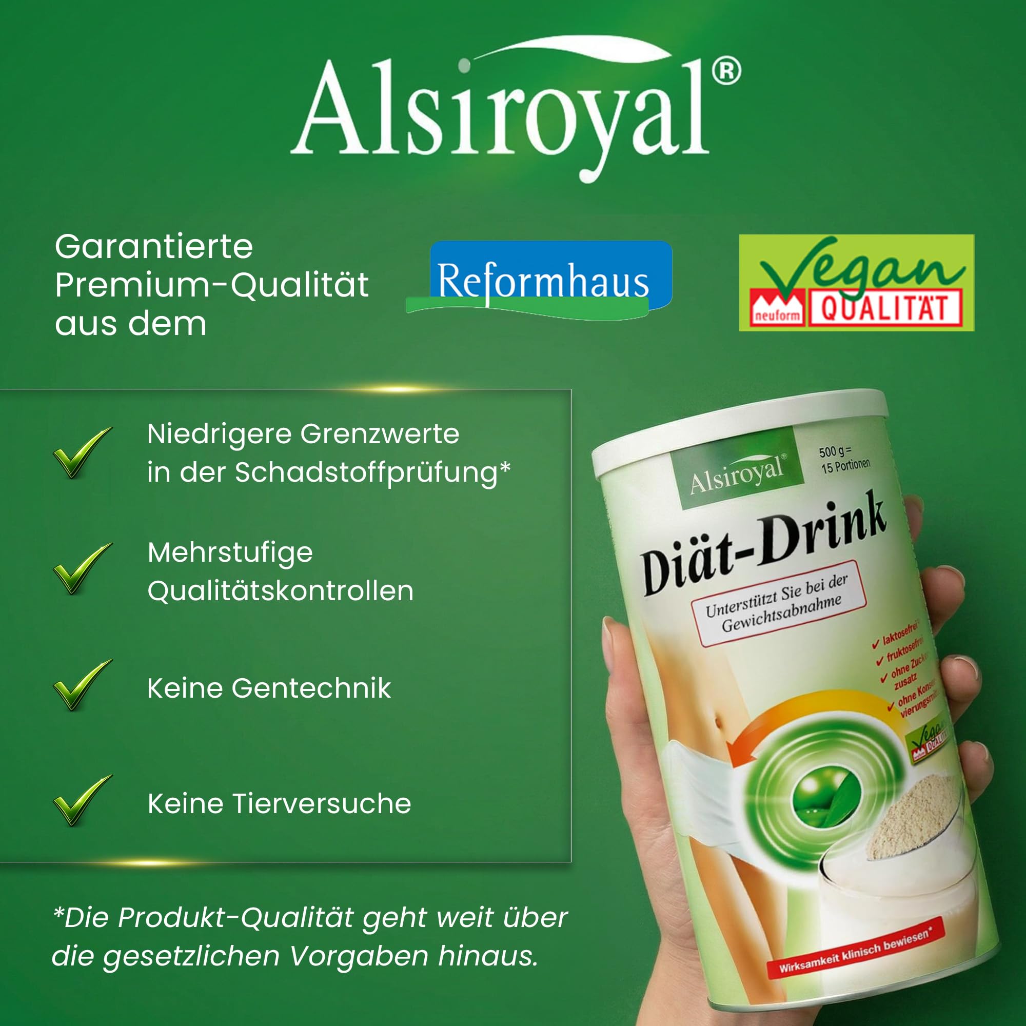 Alsiroyal Diät-Drink · Wirsamkeit bewiesen · schmeckt, sättigt, aktiviert | Abnehmshake & Diät Shake zum Abnehmen · Mahlzeitenersatz ohne Zuckerzusatz · ballaststoff- & eiweißreich · vegan, glutenfrei