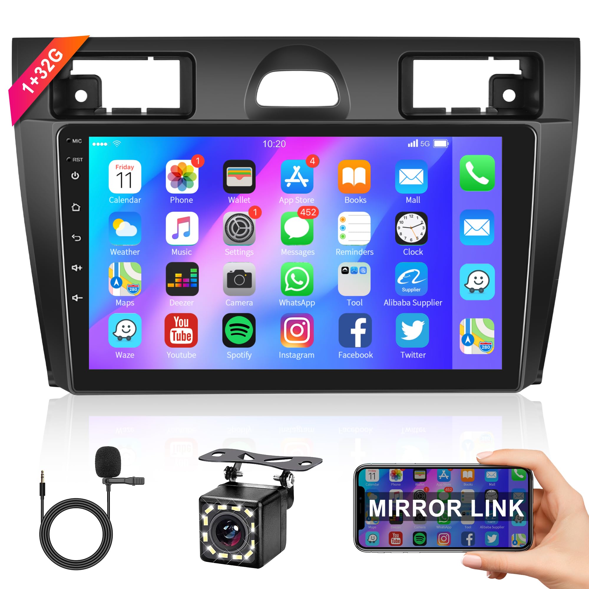 32G Android Autoradio per Ford Fiesta Mk VI 5 Mk5 2002-2008 con GPS Navi WiFi 9 Pollici Autoradio 2 Din con Mirror Link Bluetooth FM/RDS/OBD/DAB+/DVR/EQ/USB Controllo del Volante Telecamera Posteriore