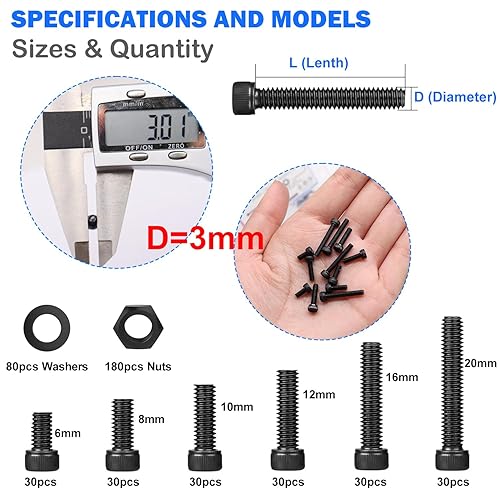 Miniatura 2 de mxuteuk Juego de tornillos M3 de 620 piezas, tornillos M3 adecuados para impresoras 3D, acero de aleación de grado 12.9 de 6/8/10/12/16/0.787 in