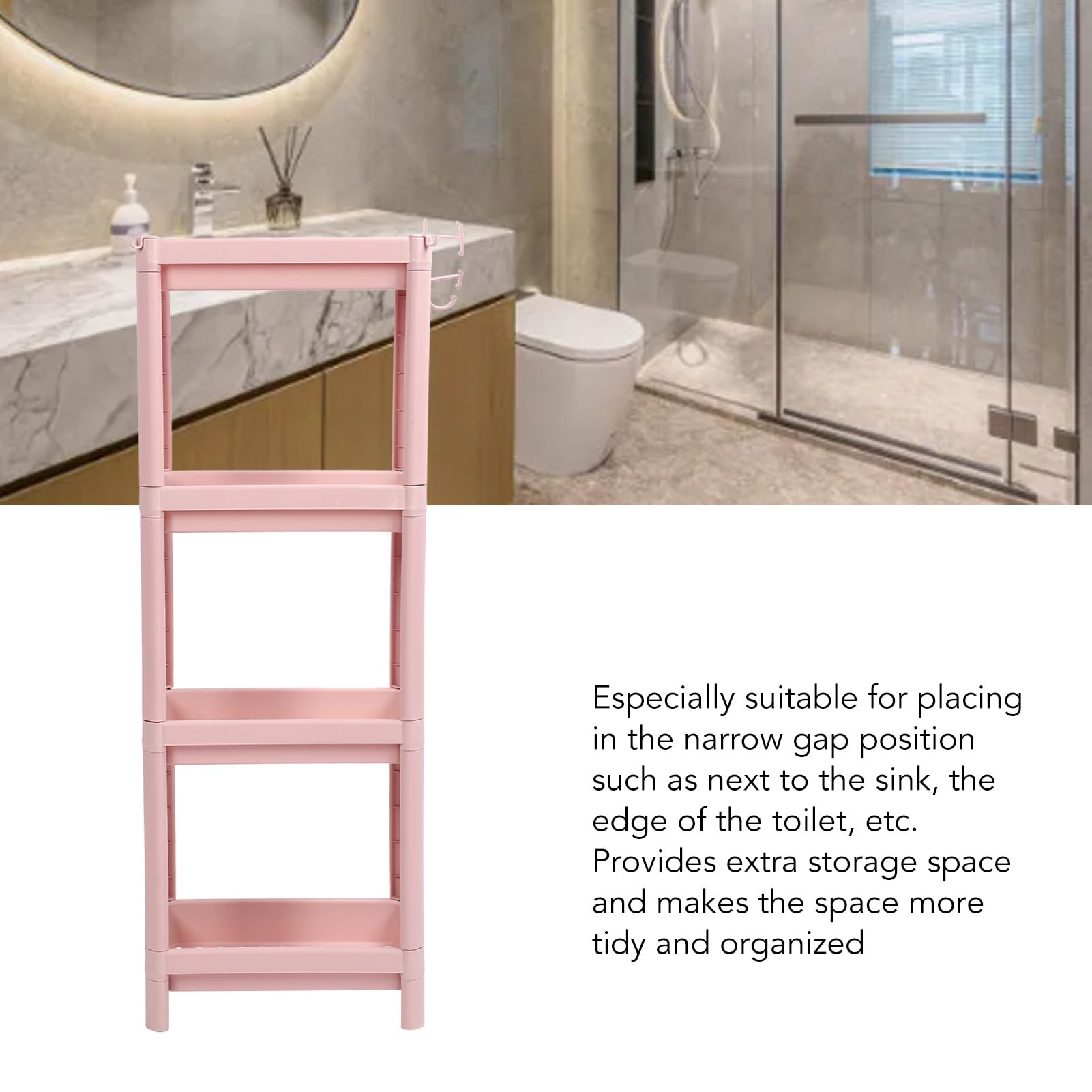 Estante de Almacenamiento de plástico de 3 Niveles, Estante de Almacenamiento de Piso de baño Rosa, Organizador de Estante de baño, Estante de pie Estable y Duradero de (Cuatro Capas)