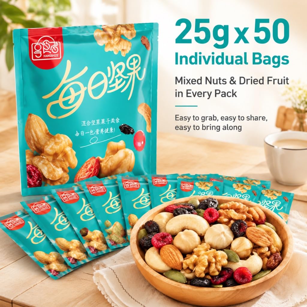 Paquetes Diarios De Refrigerios Nueces Mixtas Y Frutas Secas, 25 G X 50 Bolsas, Ligeramente Tostados, Sin OGM, Azúcar Agregada, Energéticos Saludables For Llevar