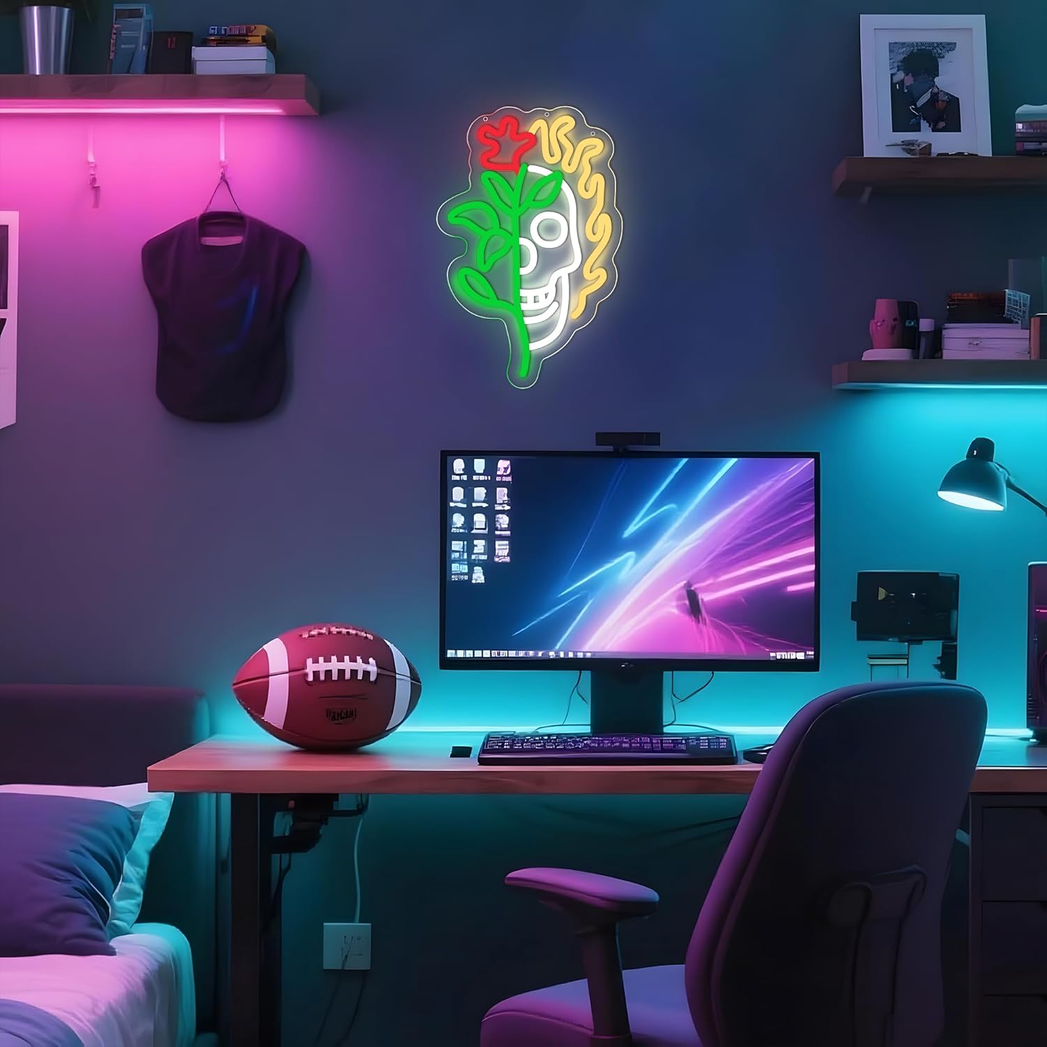 Skull Rose Neon Sign Colorful LED Neon Light Sign USB Powered Skeleton Head Wall Decor Skull Lamp for Home Bar, Halloween, Game ROOM Decor Backdrop Party With Dimmable Switch