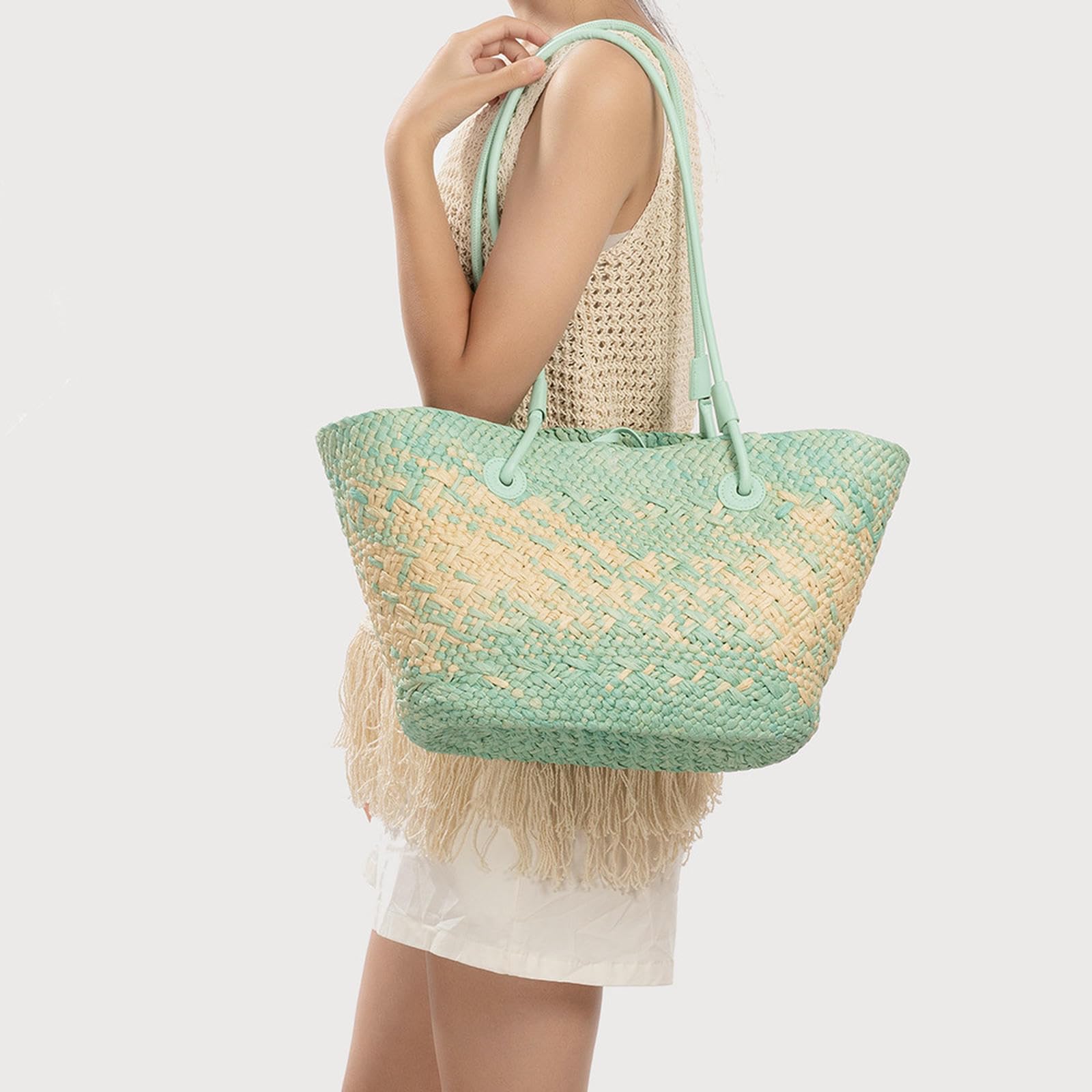 Borsa con Perline Intrecciata Puramente Fatta A Mano, Tracolla per Viaggi al Mare E Vacanze, in Papiro, da Spiaggia Portatile Donna-Verde Chiaro