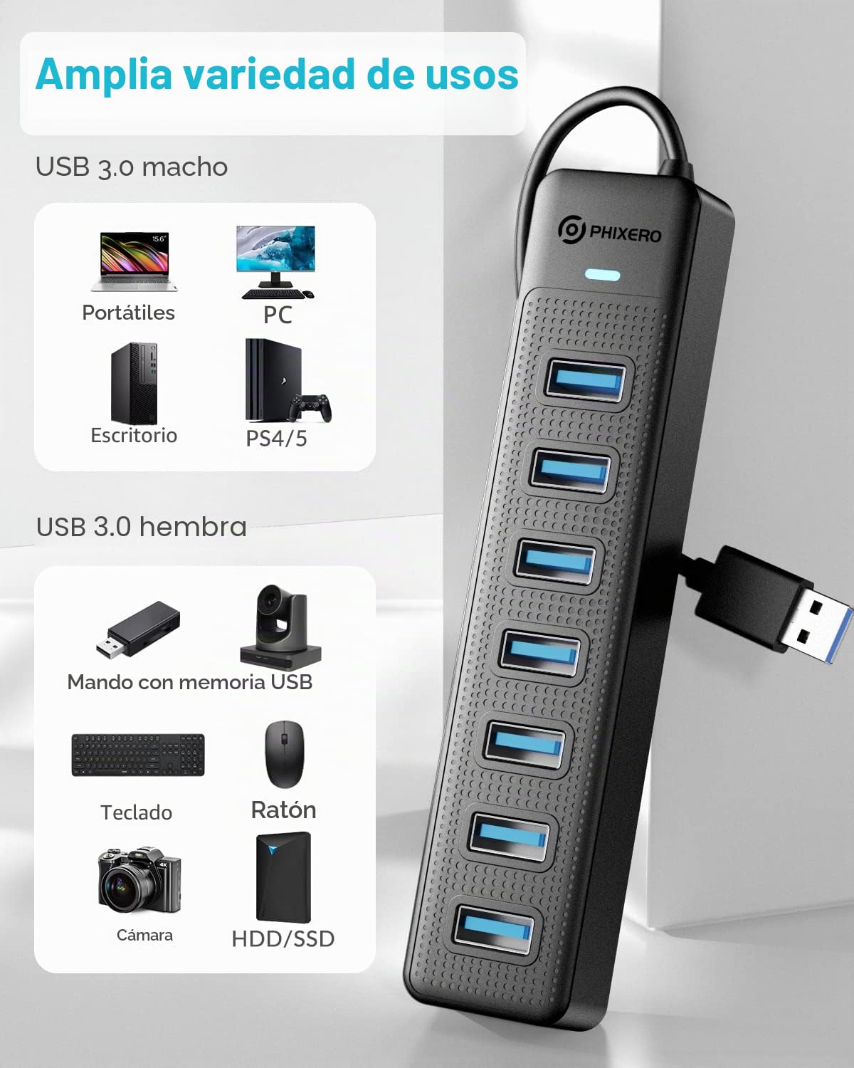 PHIXERO Hub USB 7 Puertos, Ladron Alta Velocidad Multiplicador