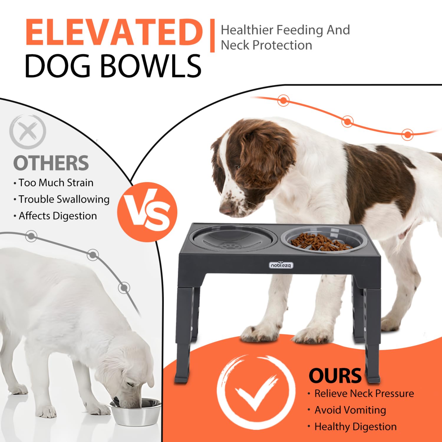 Nobleza Comedero Perro Elevado 5 Alturas Ajustables (7,5-31 cm), Incluye Cuenco Acero Inoxidable 1100ml, Comedero Perro Antivoracidad y Bebedero Antisalpicaduras 800ml, Antideslizante, Gris