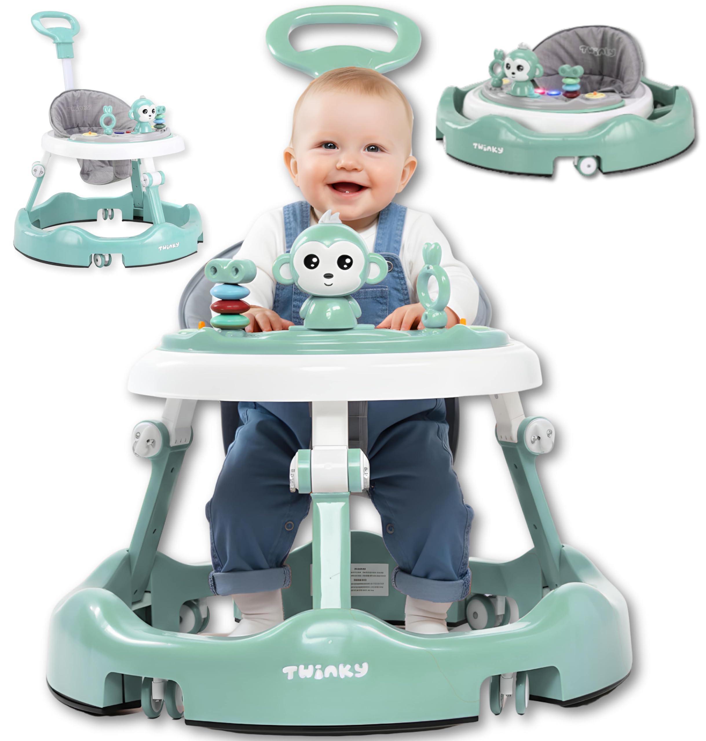 Twinky® Baby Walker Retractable for Boys & Girls 6 Months+ with Play Set, Music & Floor Mat – Sturdy Walking Aid with Push Handle & 4 Adjustable Height Positions