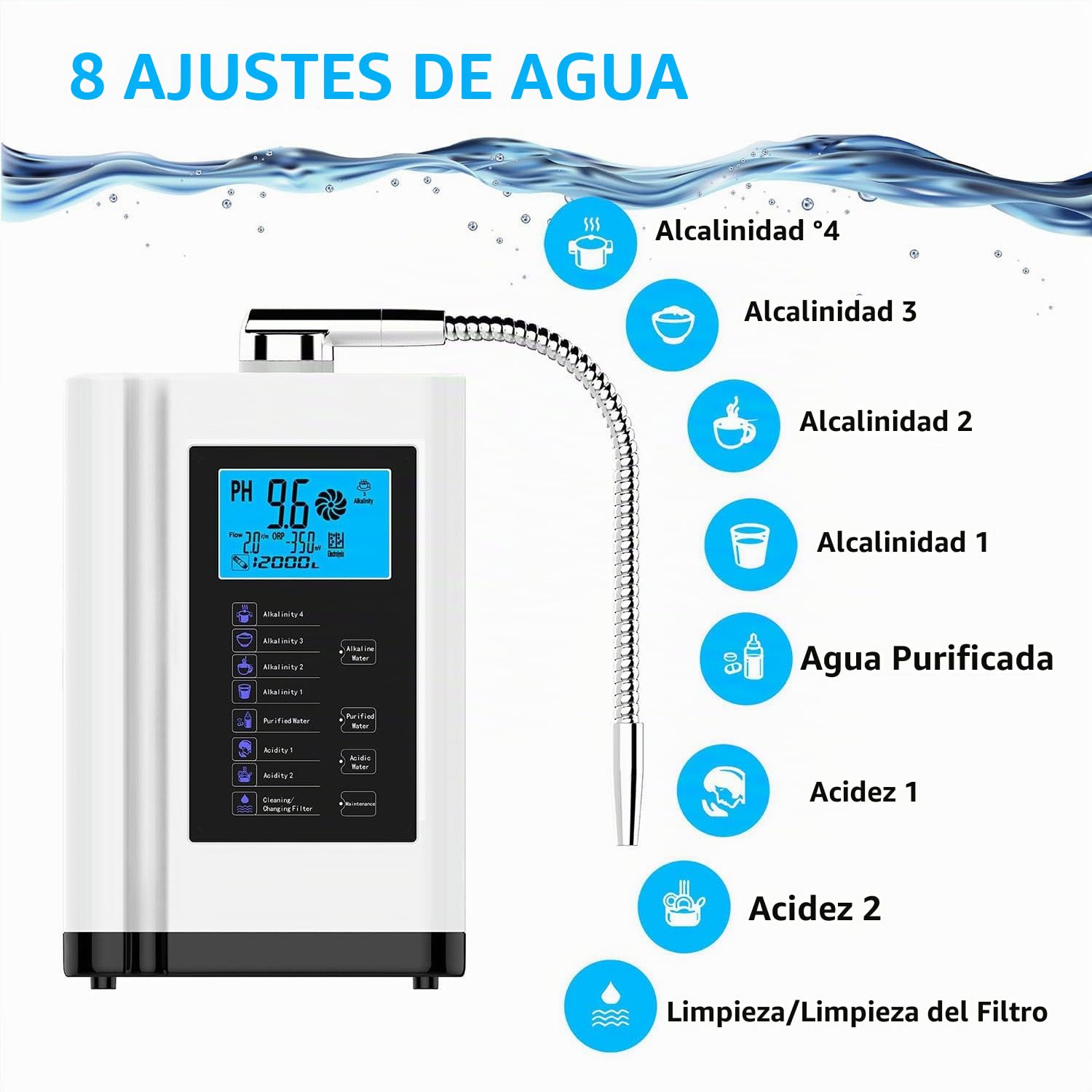Máquina ionizadora de Agua alcalina, generador de hidrógeno, purificador de sistem de Filtro de Agua para el hogar para Agua alcalina ácida PH3.5-10.5,Silver