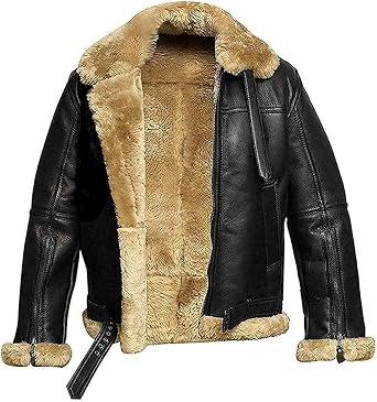 Mens Faux Fur Shearling Bomber Aviator B3 Sheepskin Leather Jacket