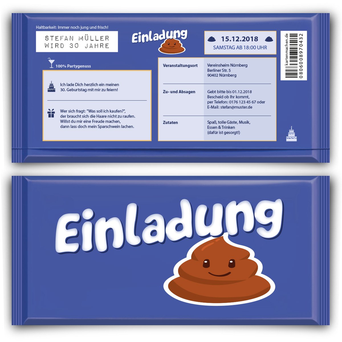 Einladungskarten zum Geburtstag (30 Stück) lila Schokolade Motiv